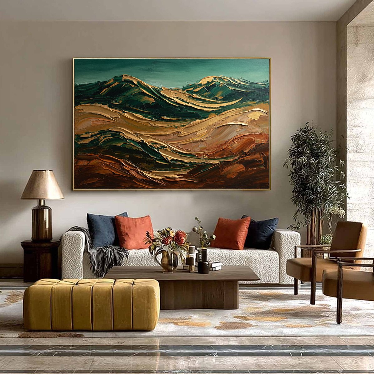 Terra Dorata hand-painted gold and ivory textured abstract mountain painting shown with black frame