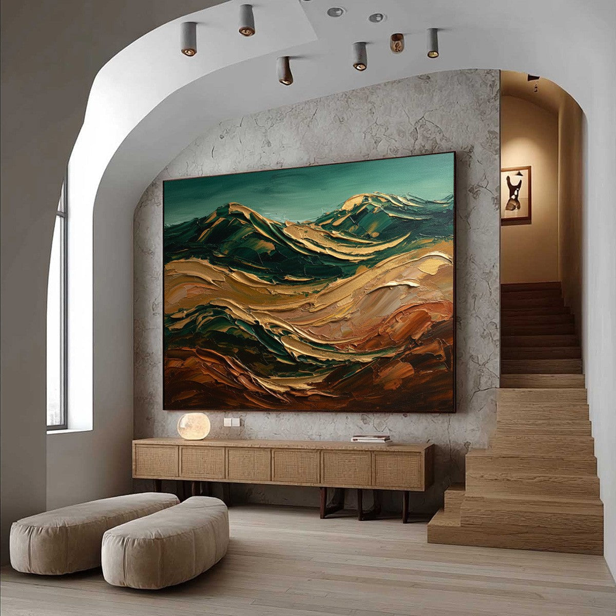 Terra Dorata hand-painted gold and ivory textured abstract mountain painting shown with wood frame