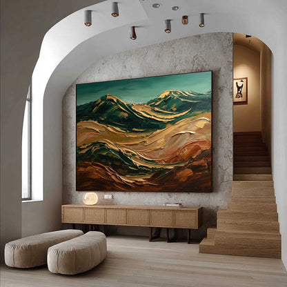 Terra Dorata hand-painted gold and ivory textured abstract mountain painting shown with wood frame