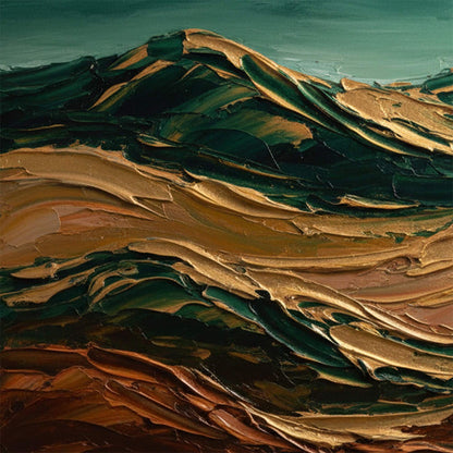 Terra Dorata hand-painted gold and ivory textured abstract mountain painting shown with gold frame