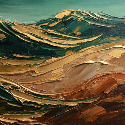 Terra Dorata hand-painted gold and ivory textured abstract mountain painting shown with white frame