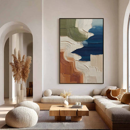 Terra E Mare hand-painted white, olive green and terracotta textured coastal landscape painting shown with silver frame