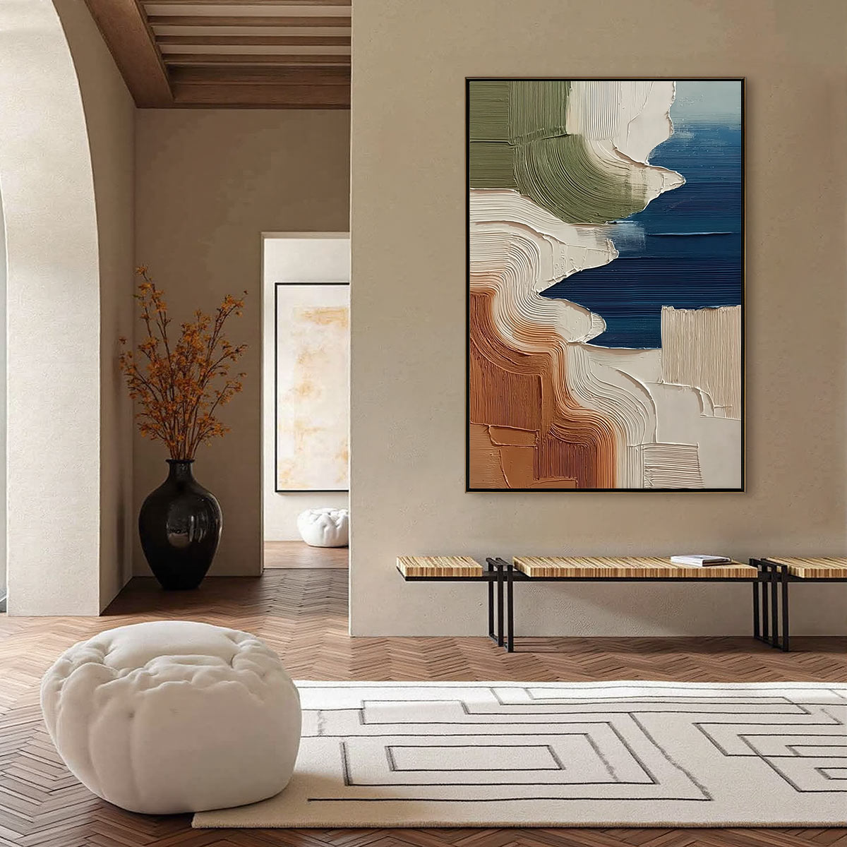 Terra E Mare hand-painted white, olive green and terracotta textured coastal landscape painting shown with black frame