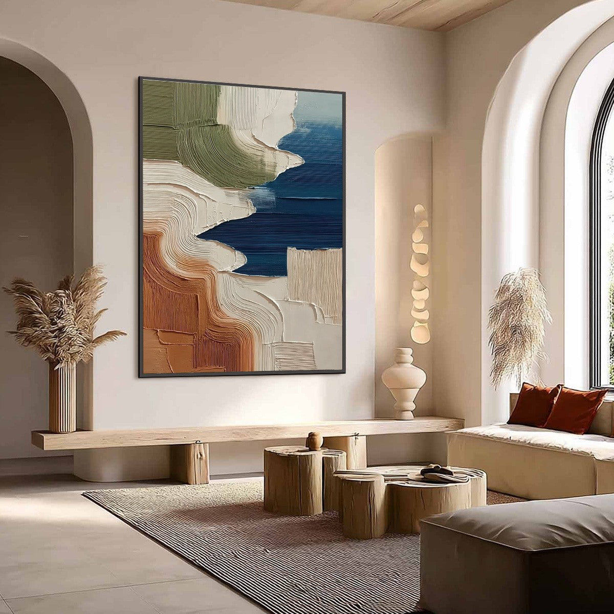 Terra E Mare hand-painted white, olive green and terracotta textured coastal landscape painting shown with wood frame