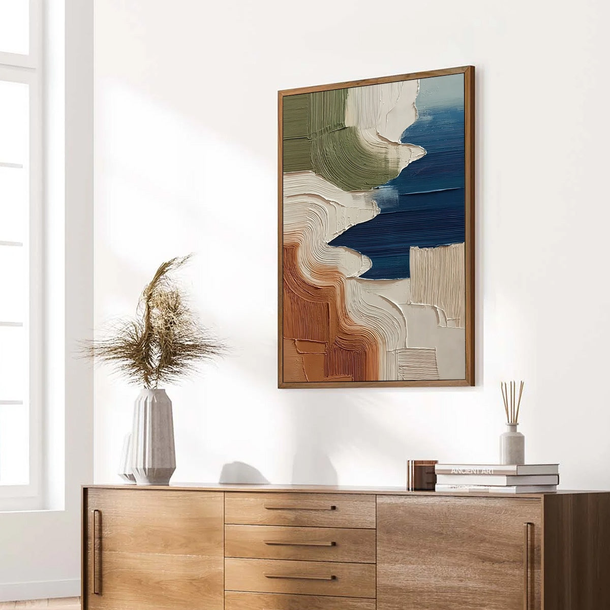 Terra E Mare hand-painted white, olive green and terracotta textured coastal landscape painting rolled canvas option