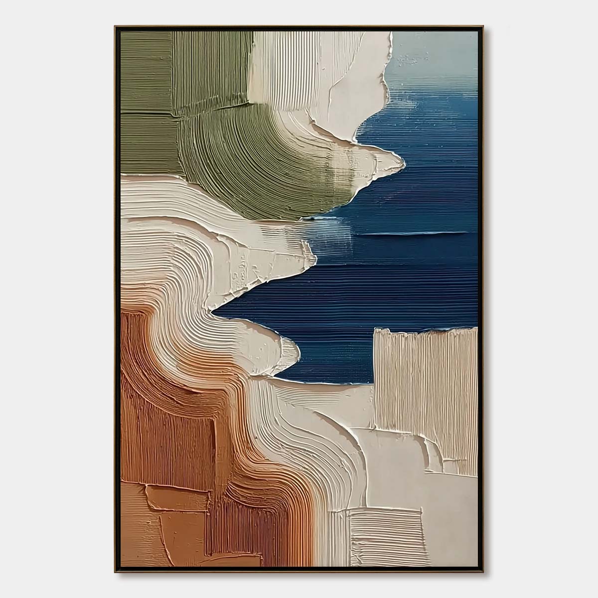 Terra E Mare hand-painted white, olive green and terracotta textured coastal landscape painting rolled canvas option