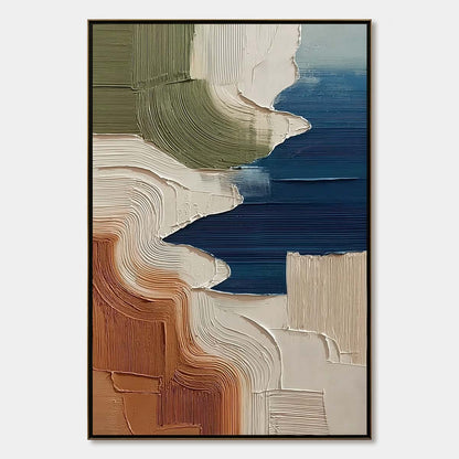 Terra E Mare hand-painted white, olive green and terracotta textured coastal landscape painting rolled canvas option