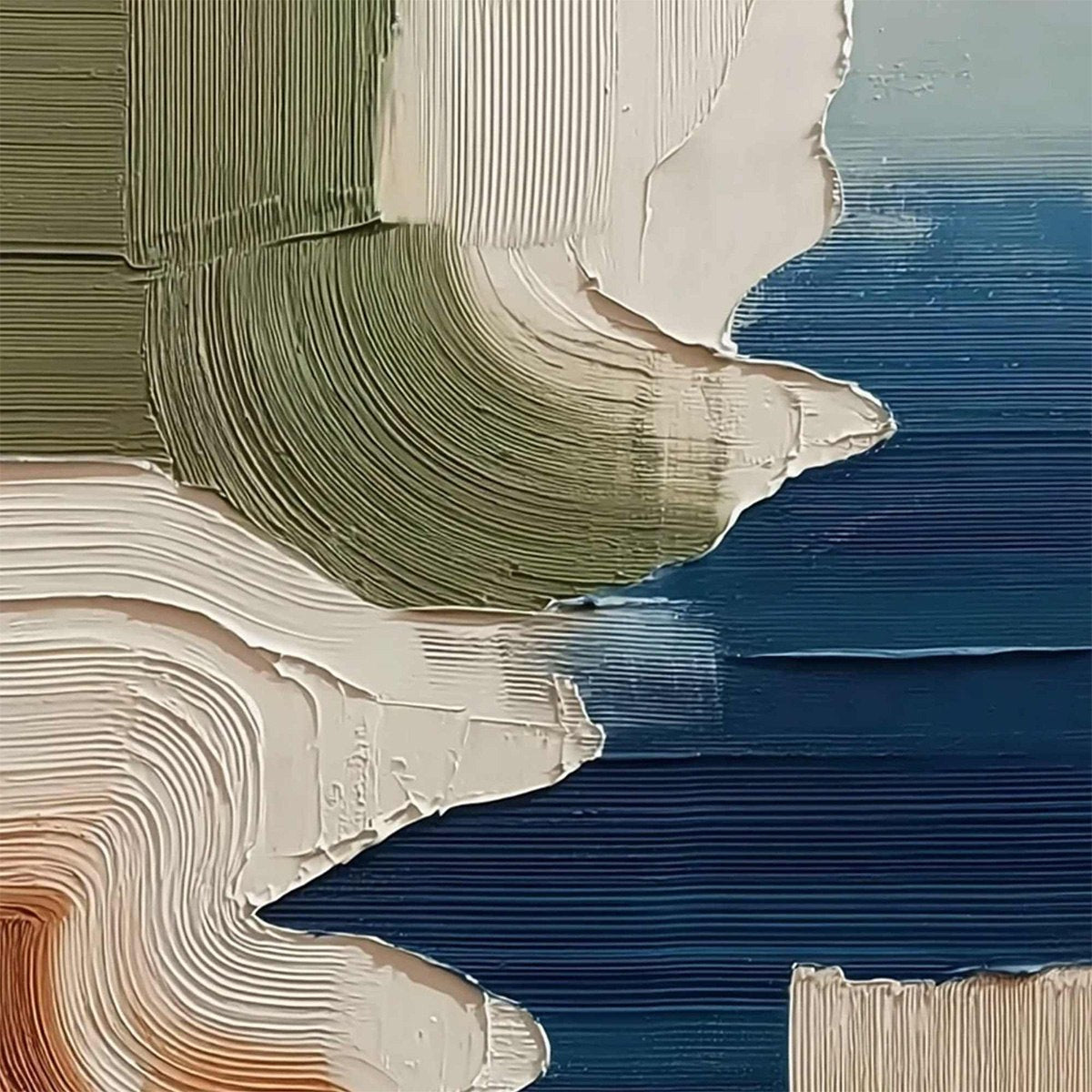 Terra E Mare hand-painted white, olive green and terracotta textured coastal landscape painting shown with gold frame