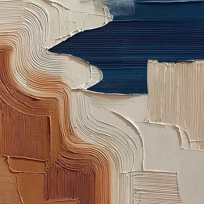 Terra E Mare hand-painted white, olive green and terracotta textured coastal landscape painting shown with white frame