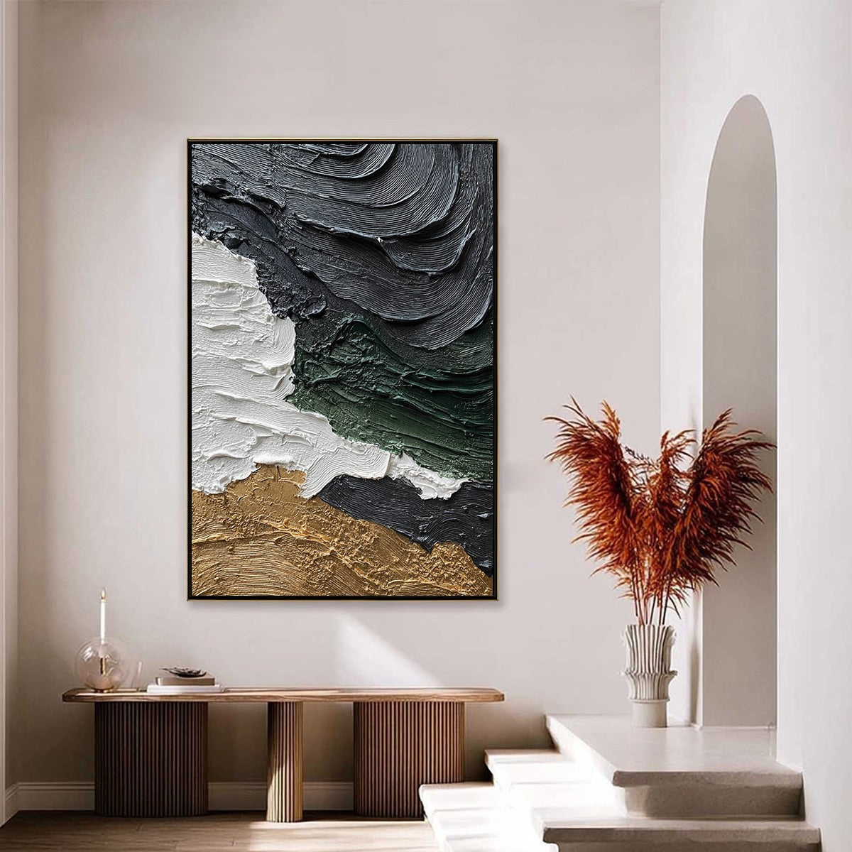 Terra Firma hand-painted white, charcoal, green and gold textured coastal landscape painting shown as stretched canvas