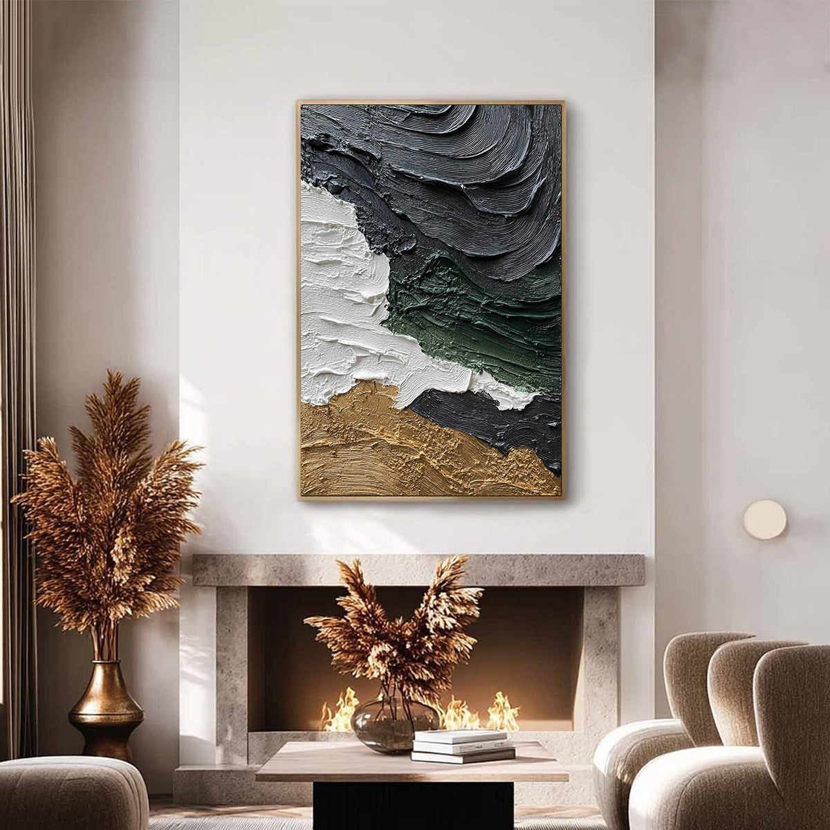 Terra Firma hand-painted white, charcoal, green and gold textured coastal landscape painting shown with silver frame