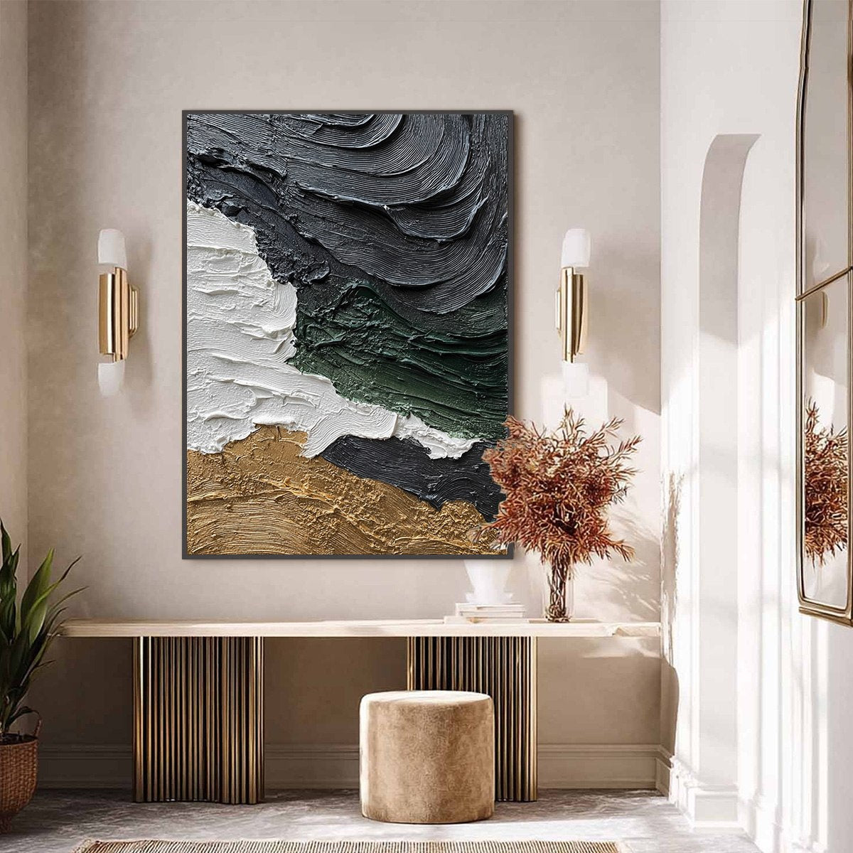 Terra Firma hand-painted white, charcoal, green and gold textured coastal landscape painting shown with black frame