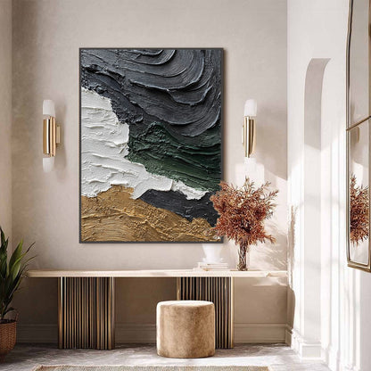 Terra Firma hand-painted white, charcoal, green and gold textured coastal landscape painting shown with black frame