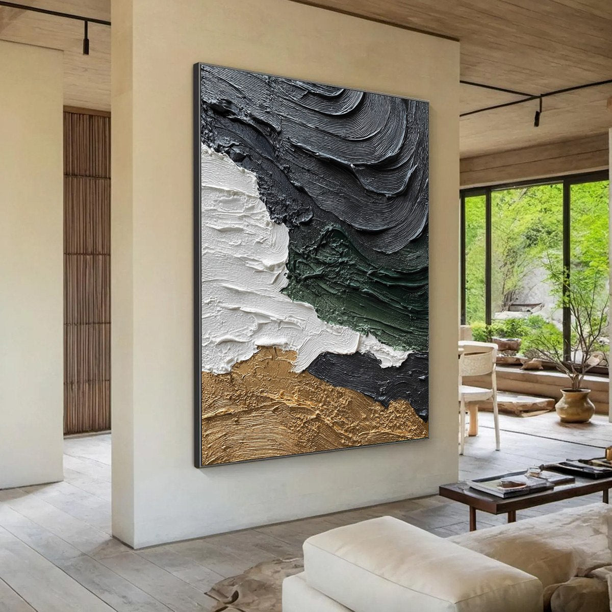 Terra Firma hand-painted white, charcoal, green and gold textured coastal landscape painting shown with wood frame