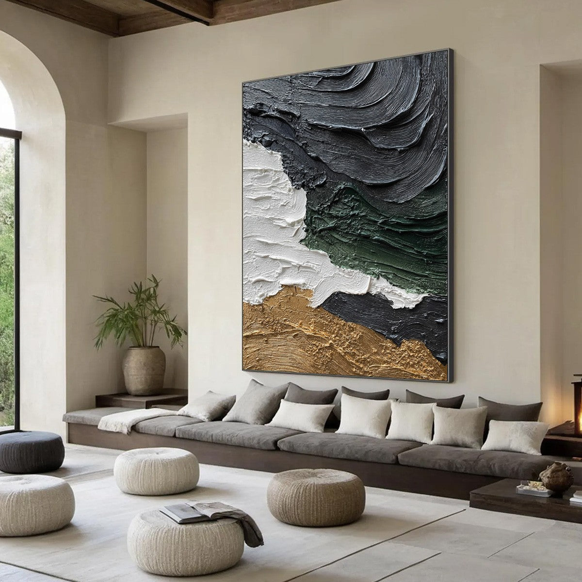 Terra Firma hand-painted white, charcoal, green and gold textured coastal landscape painting rolled canvas option