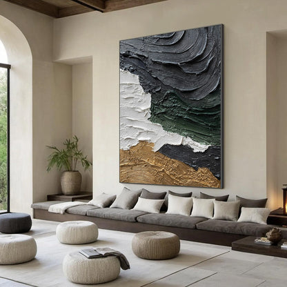 Terra Firma hand-painted white, charcoal, green and gold textured coastal landscape painting rolled canvas option