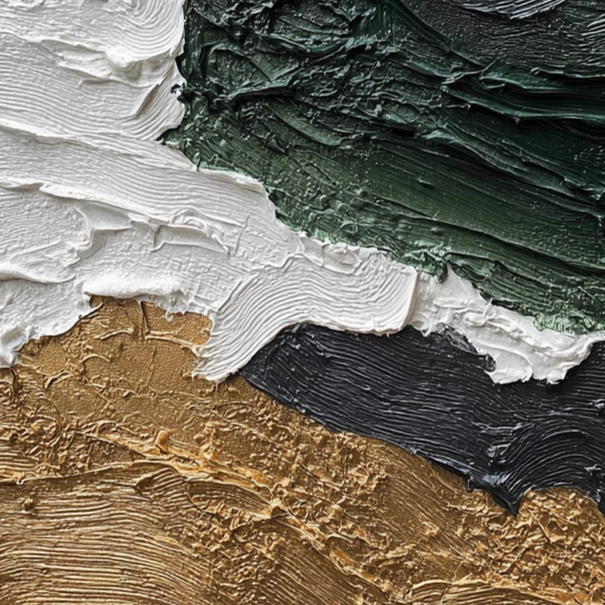 Terra Firma hand-painted white, charcoal, green and gold textured coastal landscape painting shown with gold frame