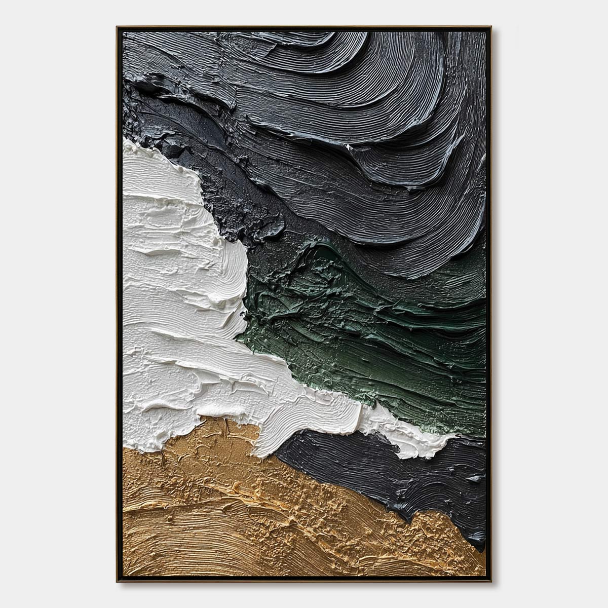 Terra Firma hand-painted white, charcoal, green and gold textured coastal landscape painting rolled canvas option