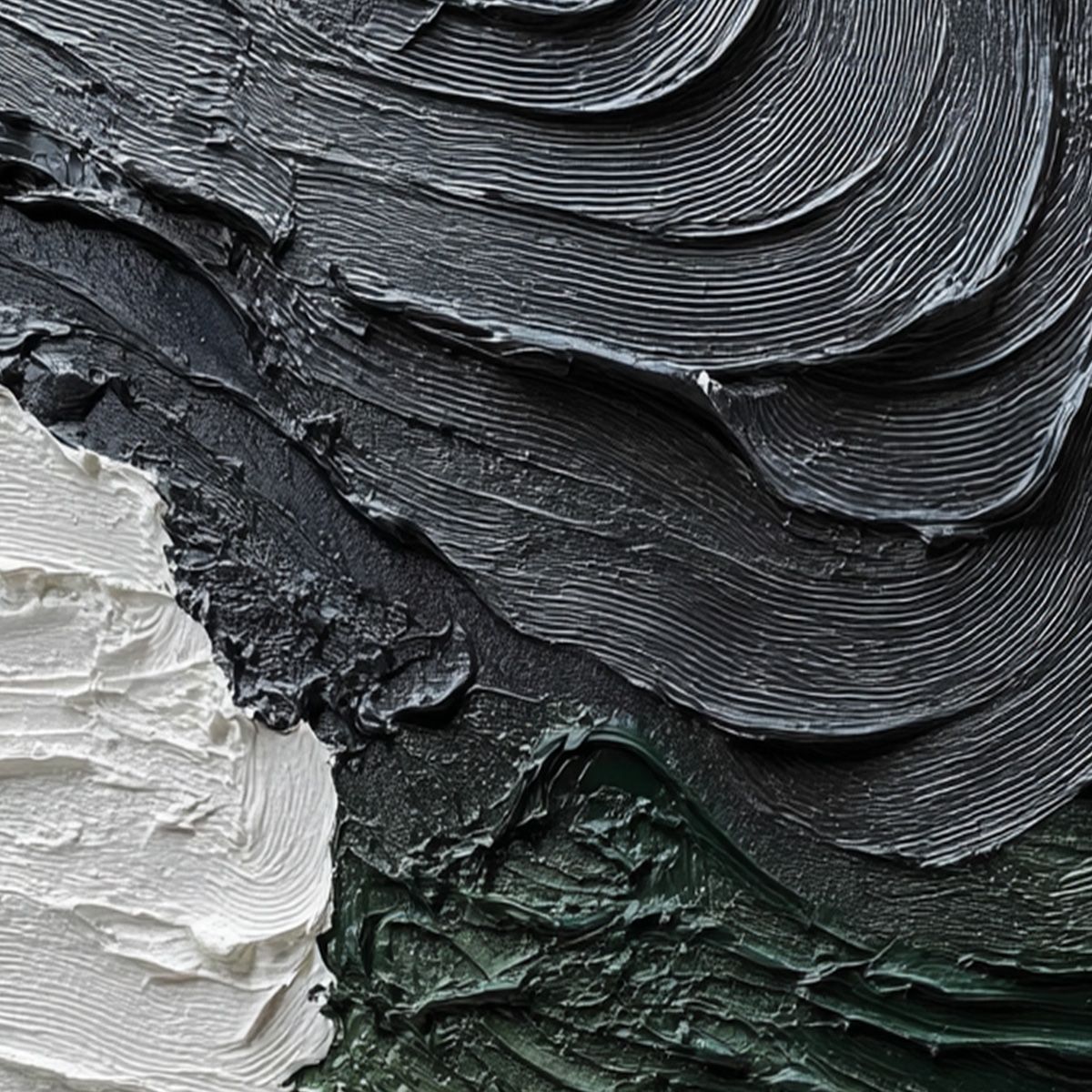 Terra Firma hand-painted white, charcoal, green and gold textured coastal landscape painting shown with white frame