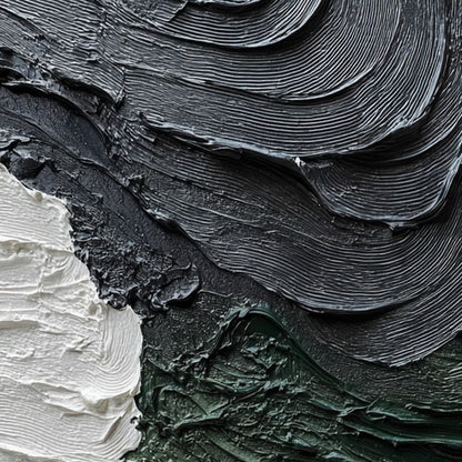 Terra Firma hand-painted white, charcoal, green and gold textured coastal landscape painting shown with white frame