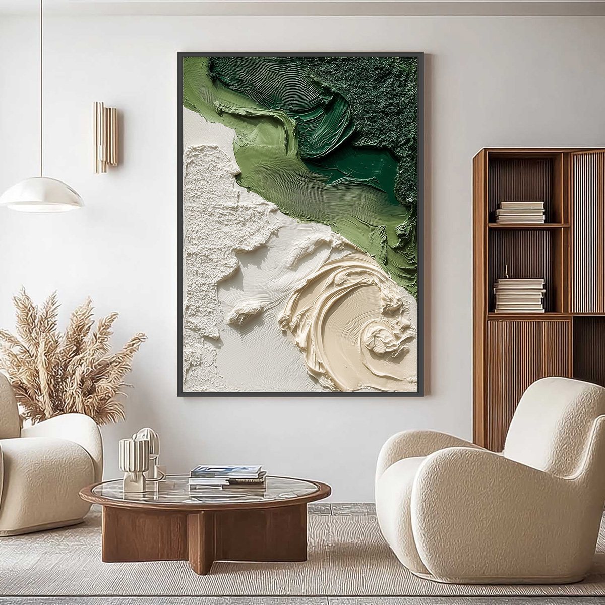 Terra Firma hand-painted white and green textured beach scene painting shown as stretched canvas