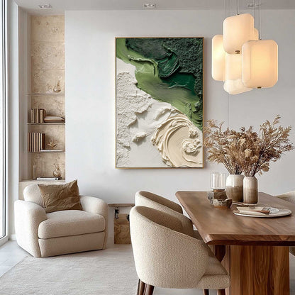 Terra Firma hand-painted white and green textured beach scene painting shown with silver frame