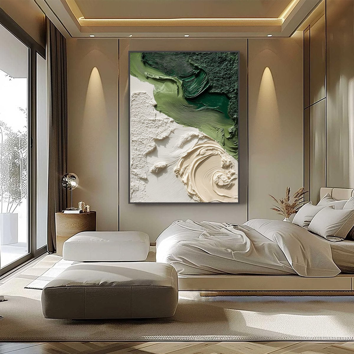 Terra Firma hand-painted white and green textured beach scene painting shown with black frame