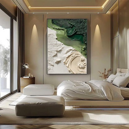 Terra Firma hand-painted white and green textured beach scene painting shown with black frame