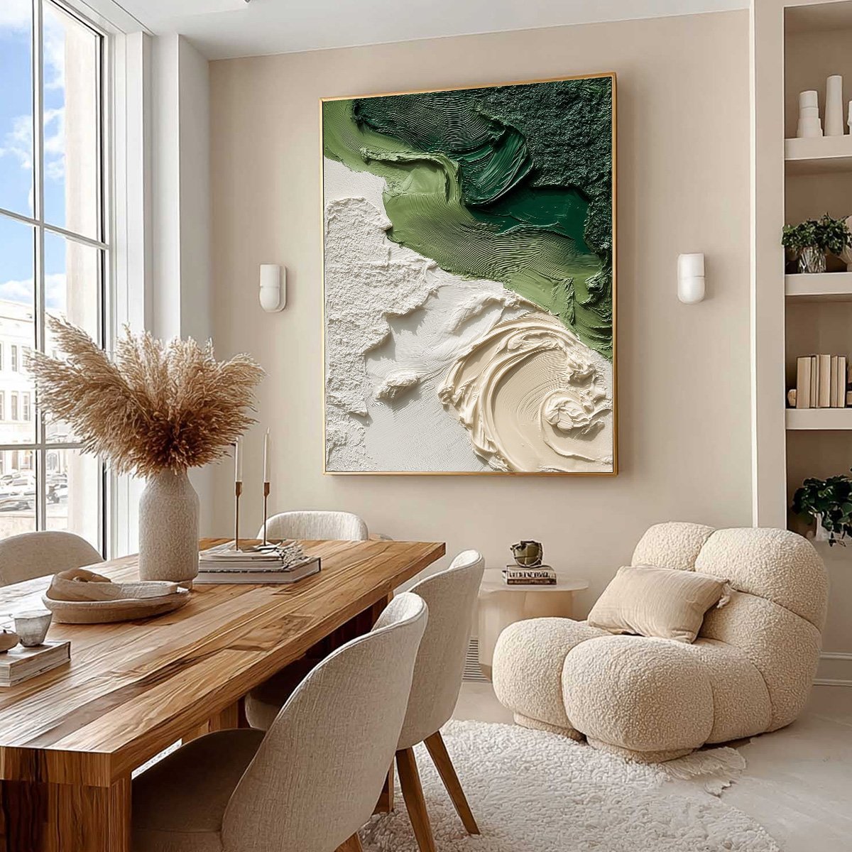 Terra Firma hand-painted white and green textured beach scene painting shown with wood frame