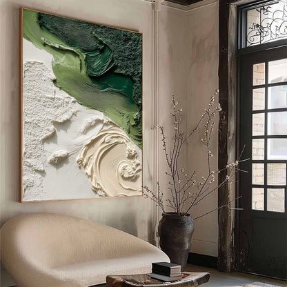Terra Firma hand-painted white and green textured beach scene painting rolled canvas option