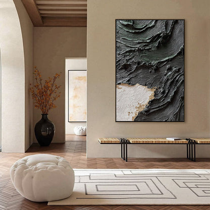 Terra Firma hand-painted white, black, green and gold textured coastal abstract painting shown with silver frame