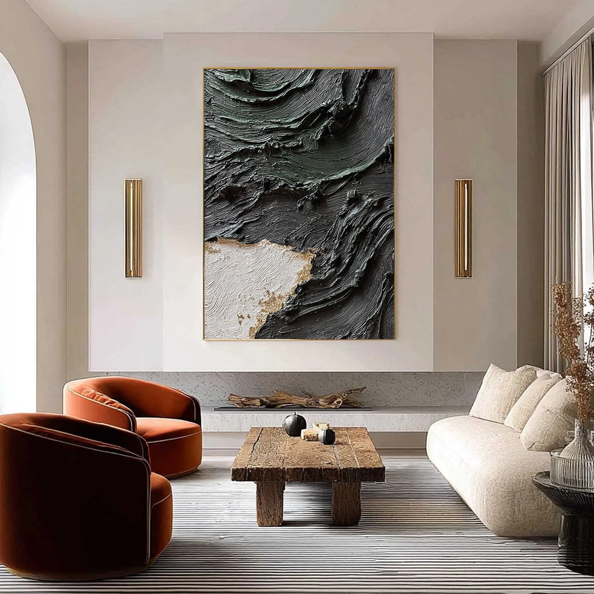 Terra Firma hand-painted white, black, green and gold textured coastal abstract painting shown as stretched canvas