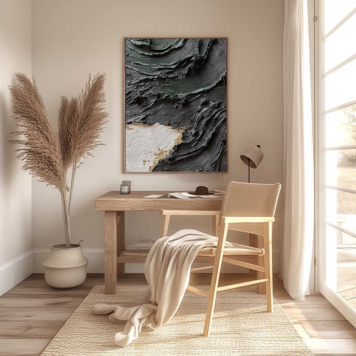 Terra Firma hand-painted white, black, green and gold textured coastal abstract painting shown with black frame