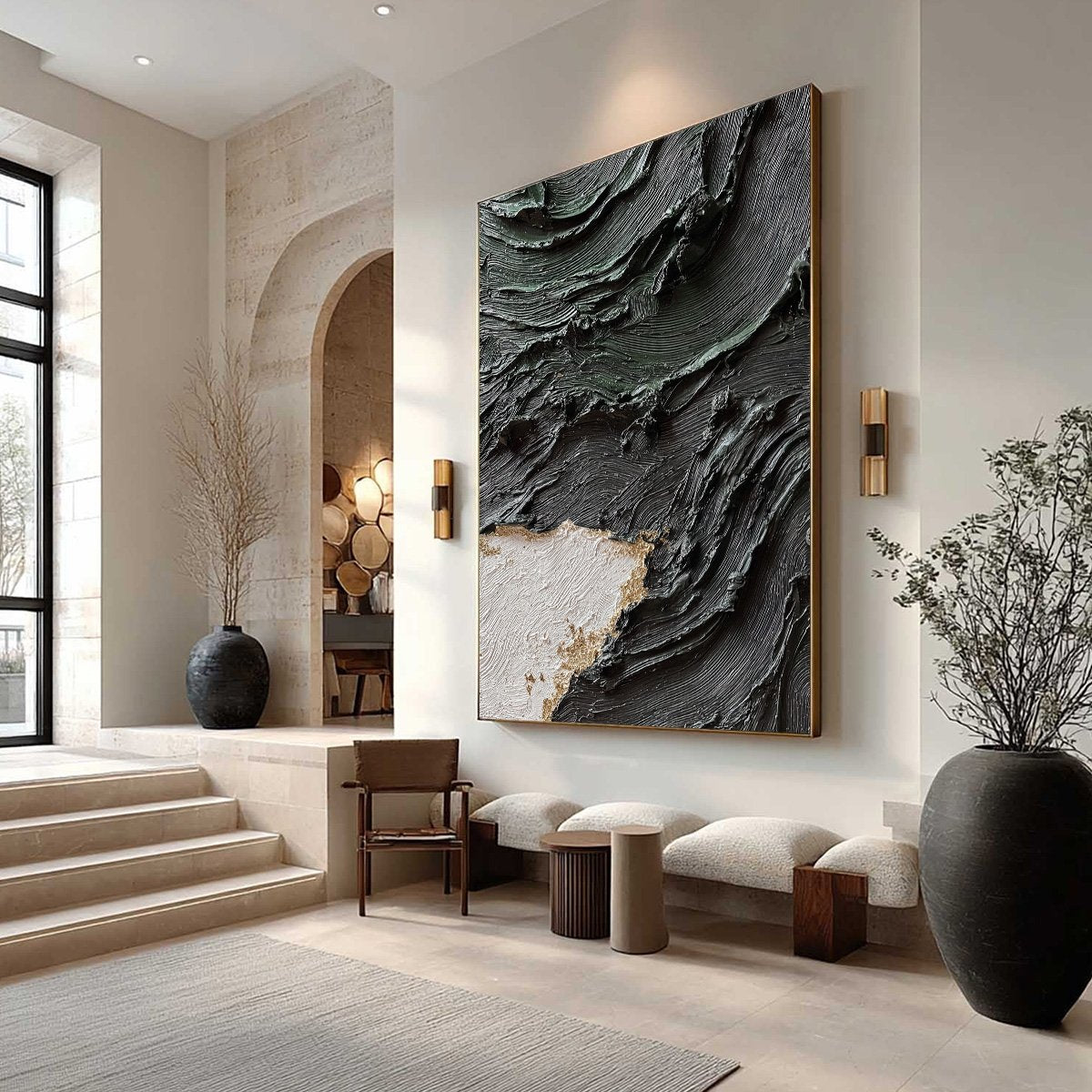 Terra Firma hand-painted white, black, green and gold textured coastal abstract painting shown with wood frame