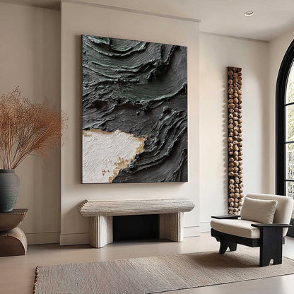 Terra Firma hand-painted white, black, green and gold textured coastal abstract painting rolled canvas option