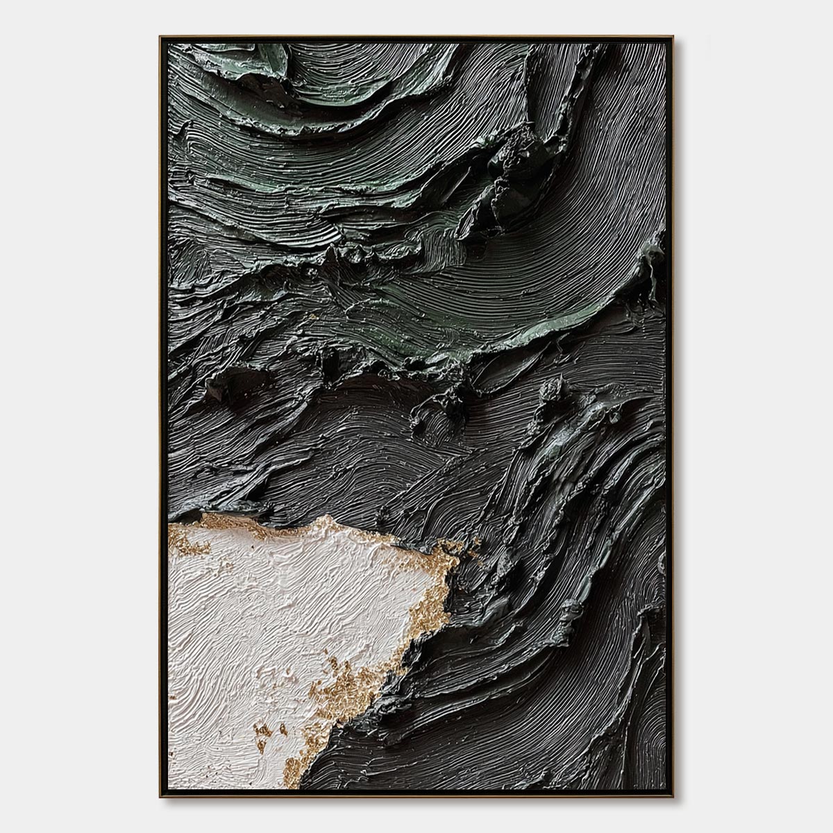 Terra Firma hand-painted white, black, green and gold textured coastal abstract painting rolled canvas option