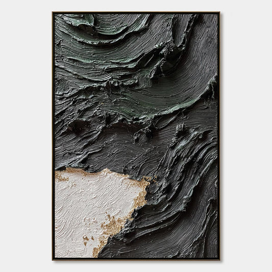 Terra Firma hand-painted white, black, green and gold textured coastal abstract painting rolled canvas option