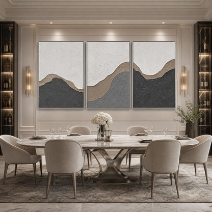 Terra Firma hand-painted white, beige and charcoal textured abstract mountain painting shown as stretched canvas