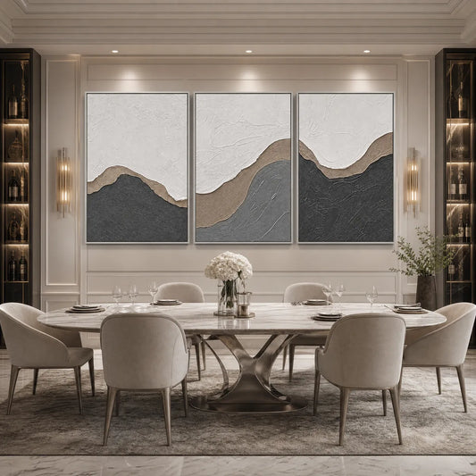 Terra Firma hand-painted white, beige and charcoal textured abstract mountain painting shown as stretched canvas
