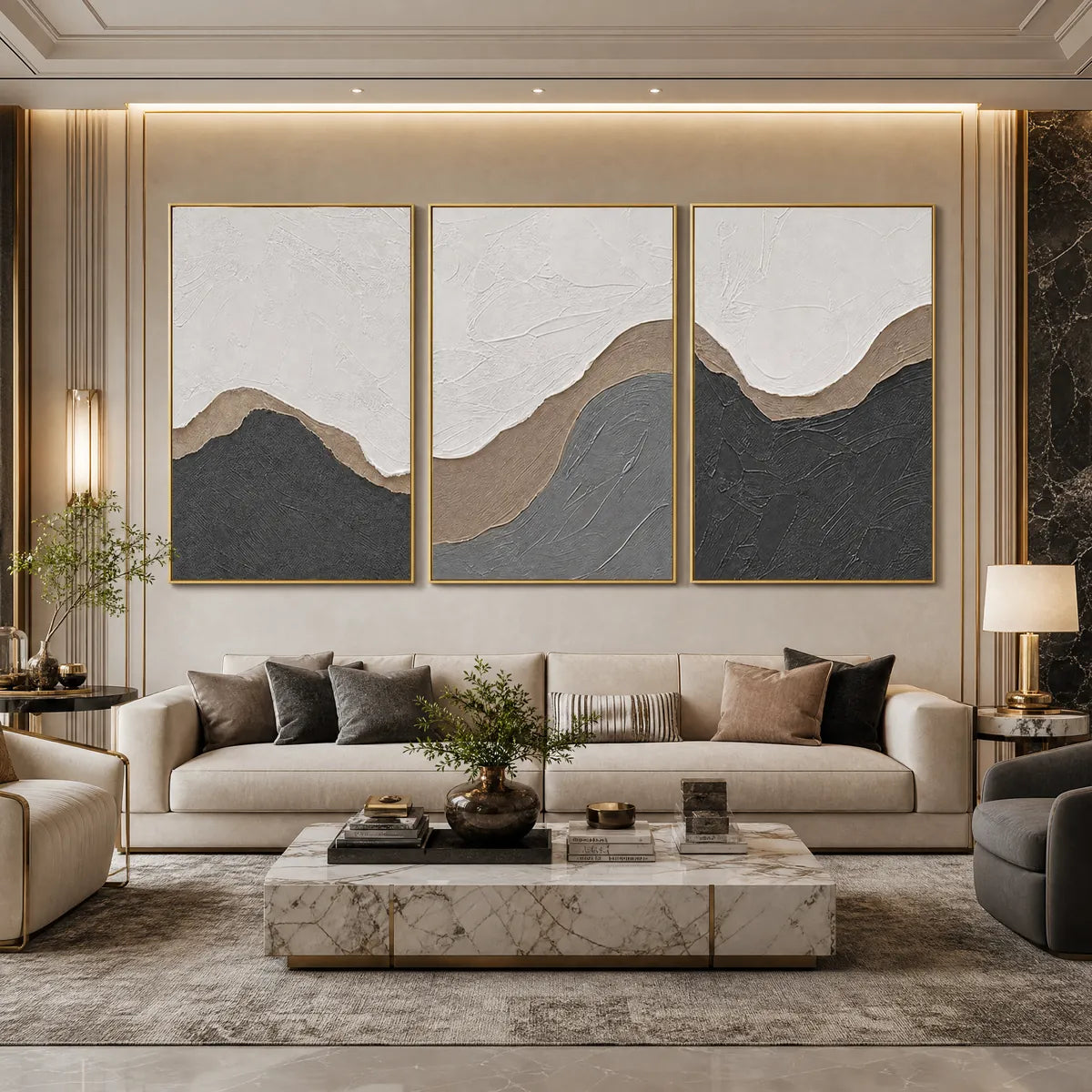 Terra Firma hand-painted white, beige and charcoal textured abstract mountain painting shown with silver frame