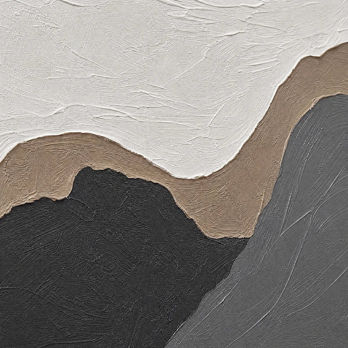 Terra Firma hand-painted white, beige and charcoal textured abstract mountain painting shown with gold frame