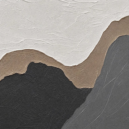 Terra Firma hand-painted white, beige and charcoal textured abstract mountain painting shown with gold frame