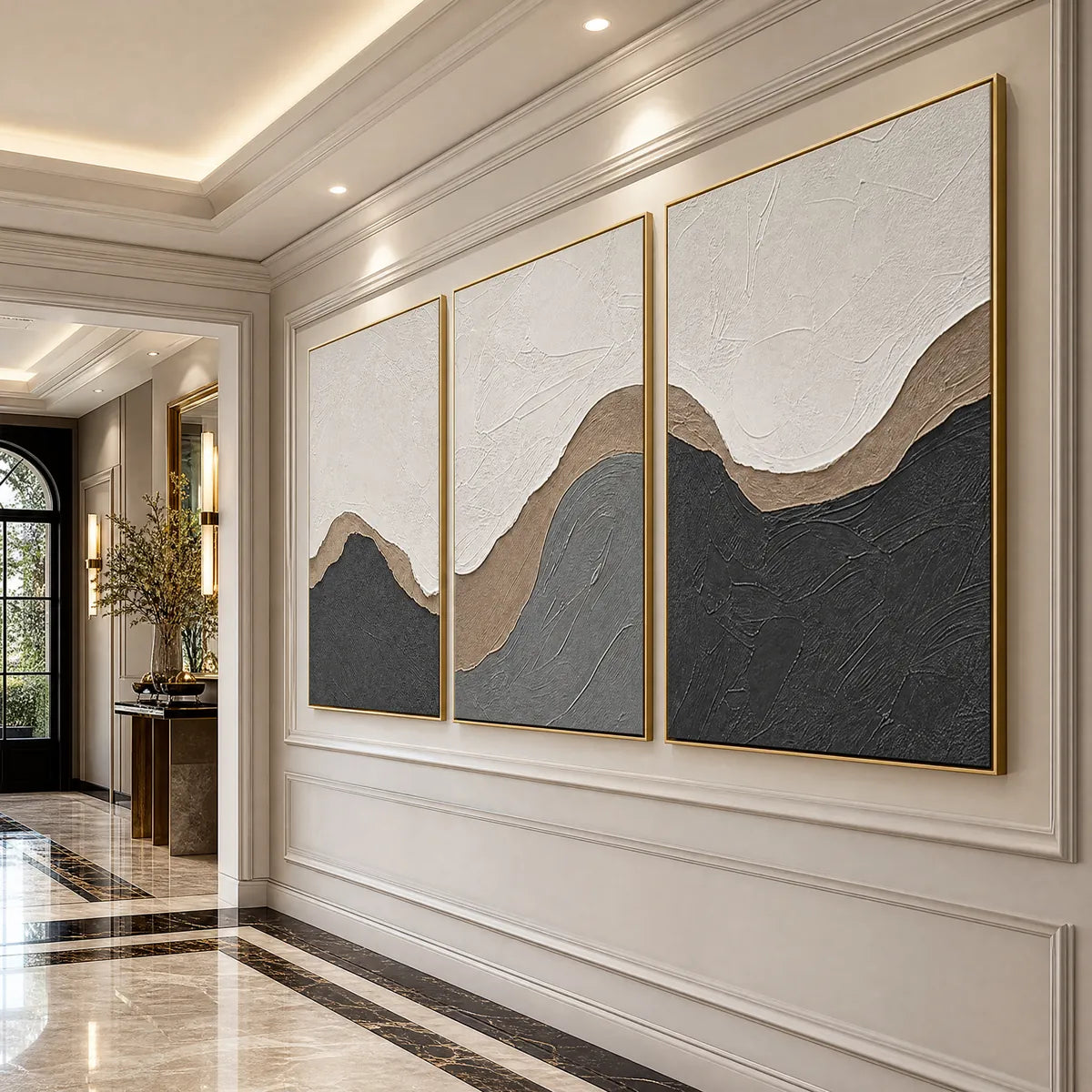 Terra Firma hand-painted white, beige and charcoal textured abstract mountain painting shown with white frame