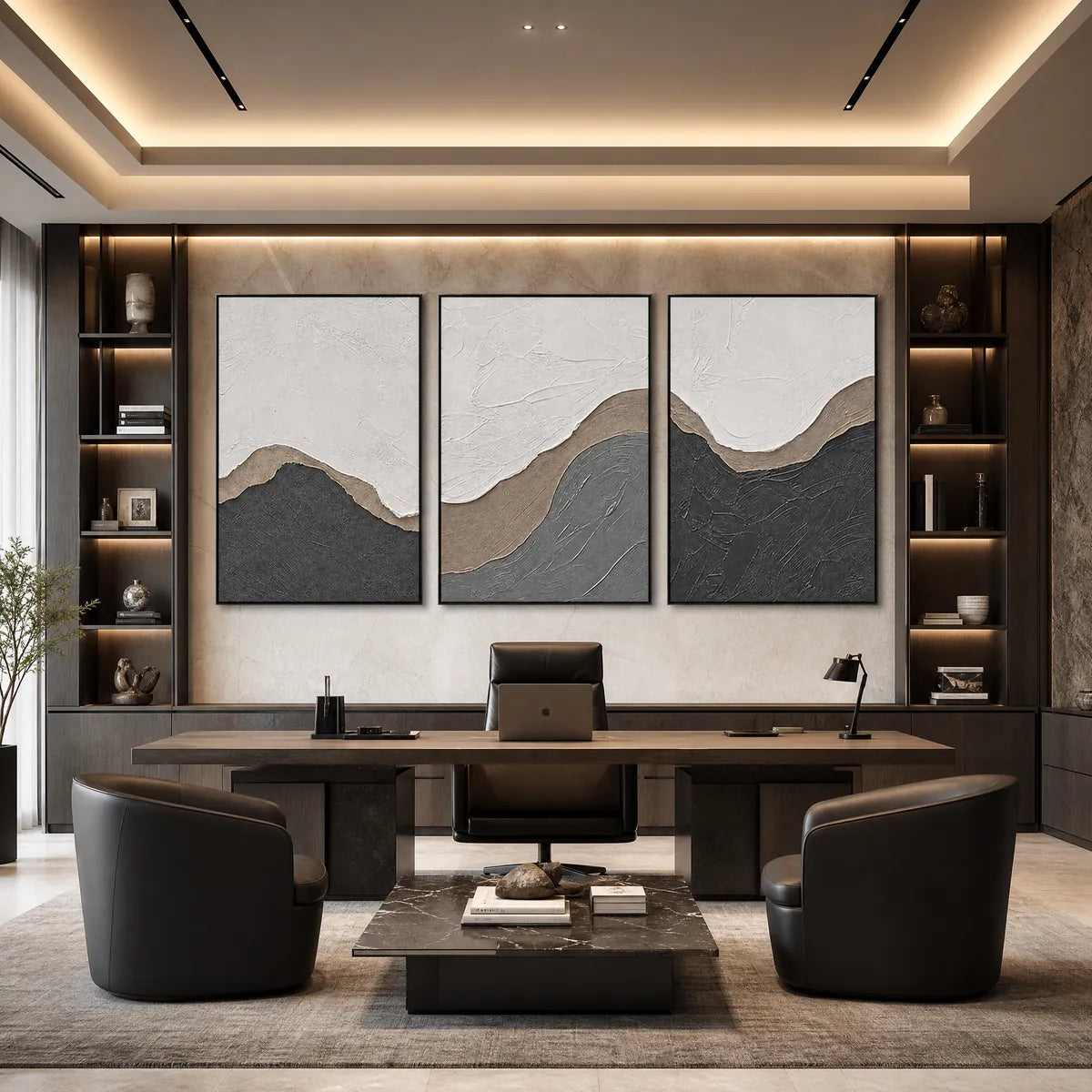 Terra Firma hand-painted white, beige and charcoal textured abstract mountain painting shown with black frame
