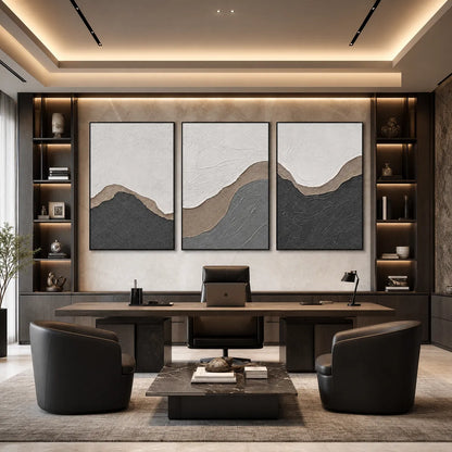 Terra Firma hand-painted white, beige and charcoal textured abstract mountain painting shown with black frame