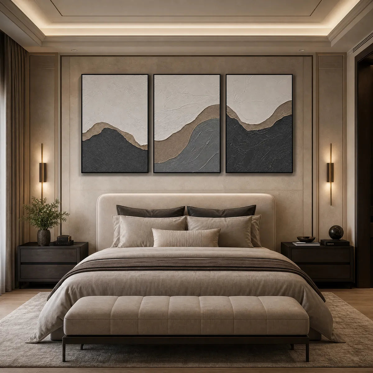Terra Firma hand-painted white, beige and charcoal textured abstract mountain painting shown with wood frame