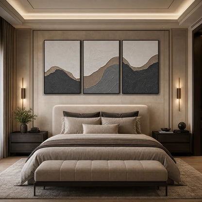 Terra Firma hand-painted white, beige and charcoal textured abstract mountain painting shown with wood frame