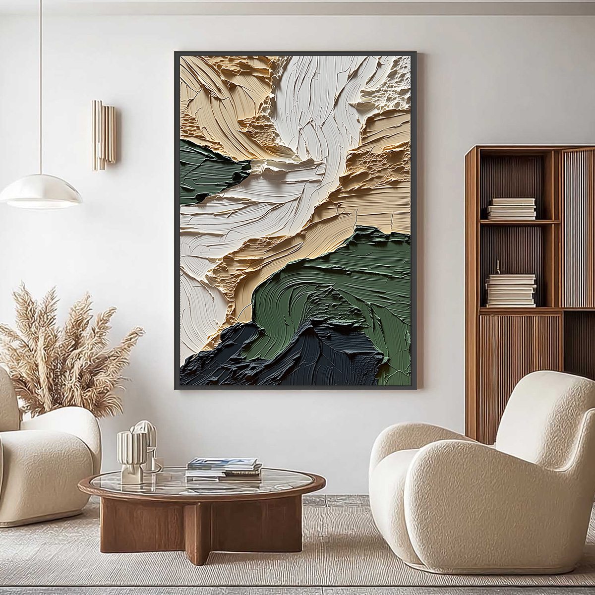 Terra Firma hand-painted beige, charcoal and sage green textured coastal landscape painting shown as stretched canvas