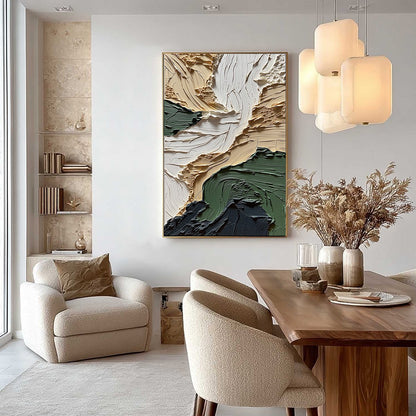 Terra Firma hand-painted beige, charcoal and sage green textured coastal landscape painting shown with silver frame