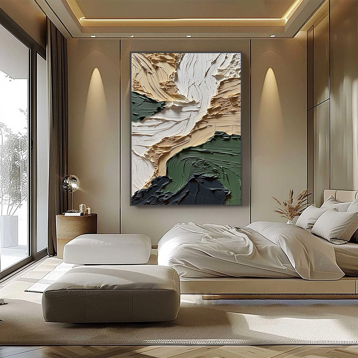 Terra Firma hand-painted beige, charcoal and sage green textured coastal landscape painting shown with black frame